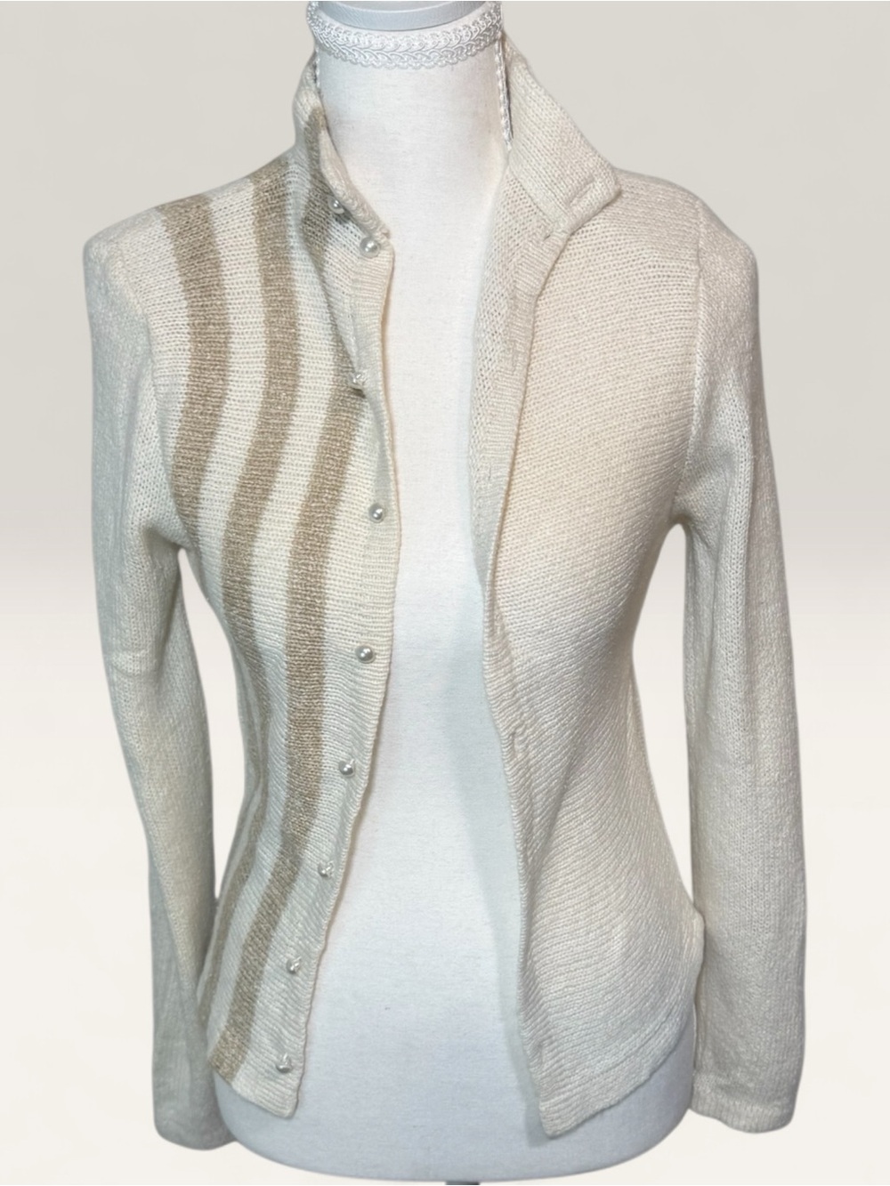 Vintage Funnel Neck Striped Button Up Cardigan Sweater Cream silk/angora - Picture 2 of 10